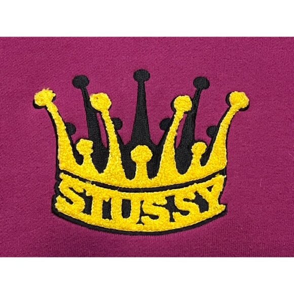 Stussy Magenta Crown Chenille Embroidered Fleece Hoodie Sweatshirt Sz Large EUC - Picture 2 of 6
